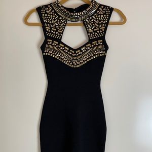 Bebe Dress XS black mini with gold rhinestone